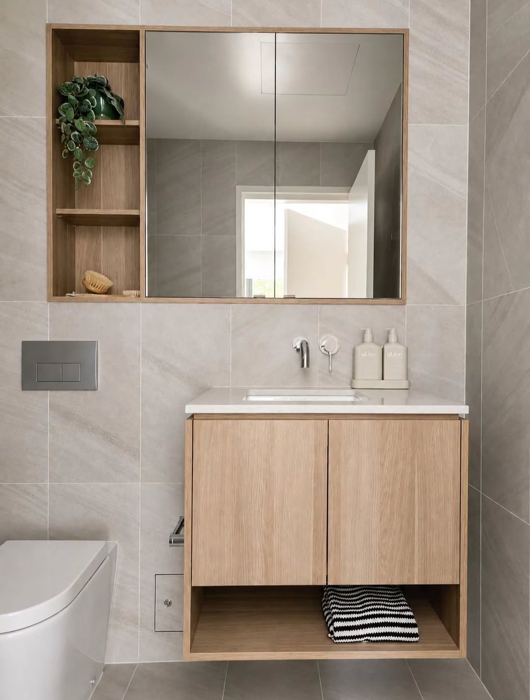 Timber mirror cabinet with open shelving and trailing plant above a floating vanity